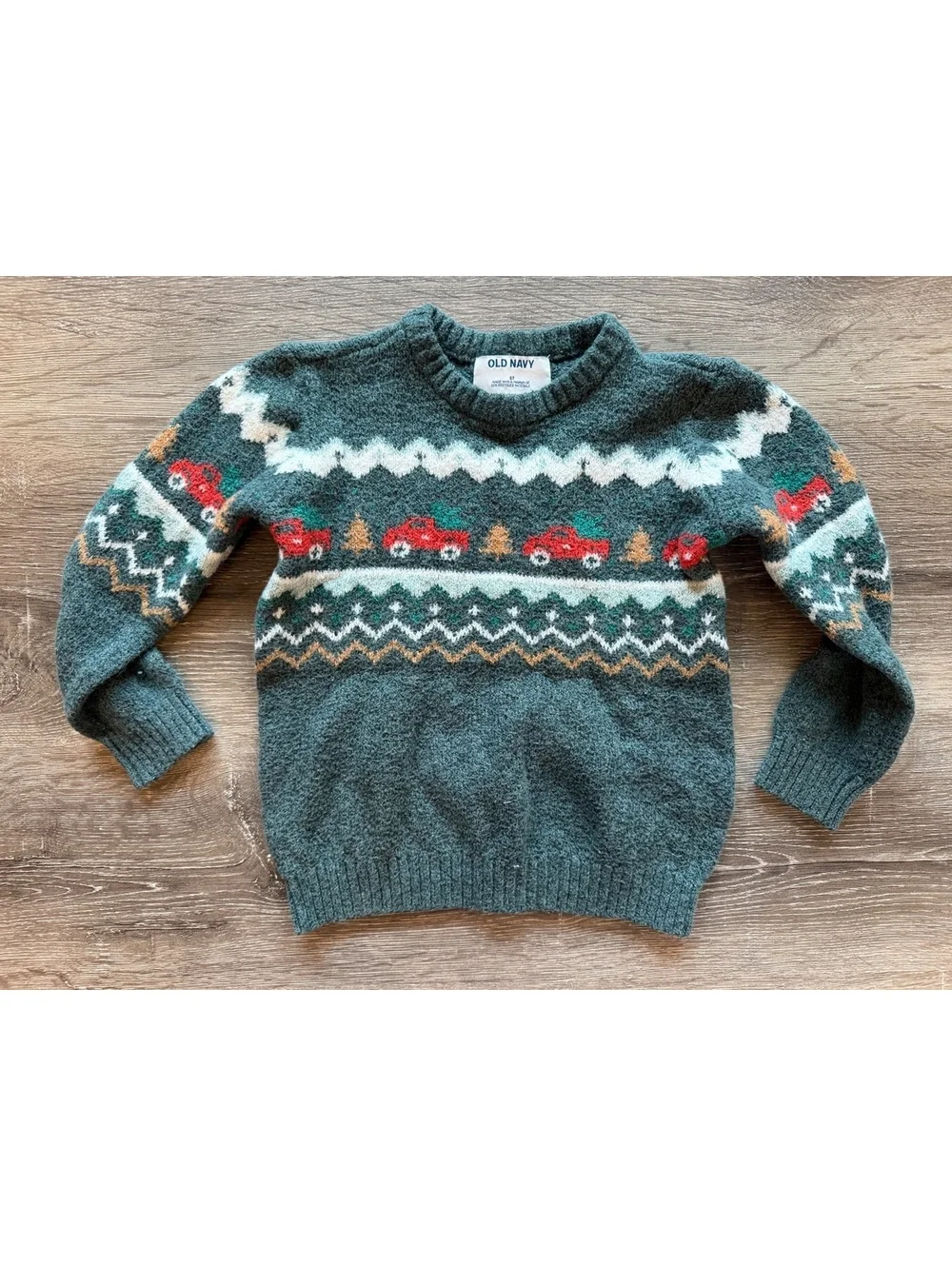 Old Navy Boys 5T Christmas Truck Fair Isle Knit Sweater Green Holiday Pullover